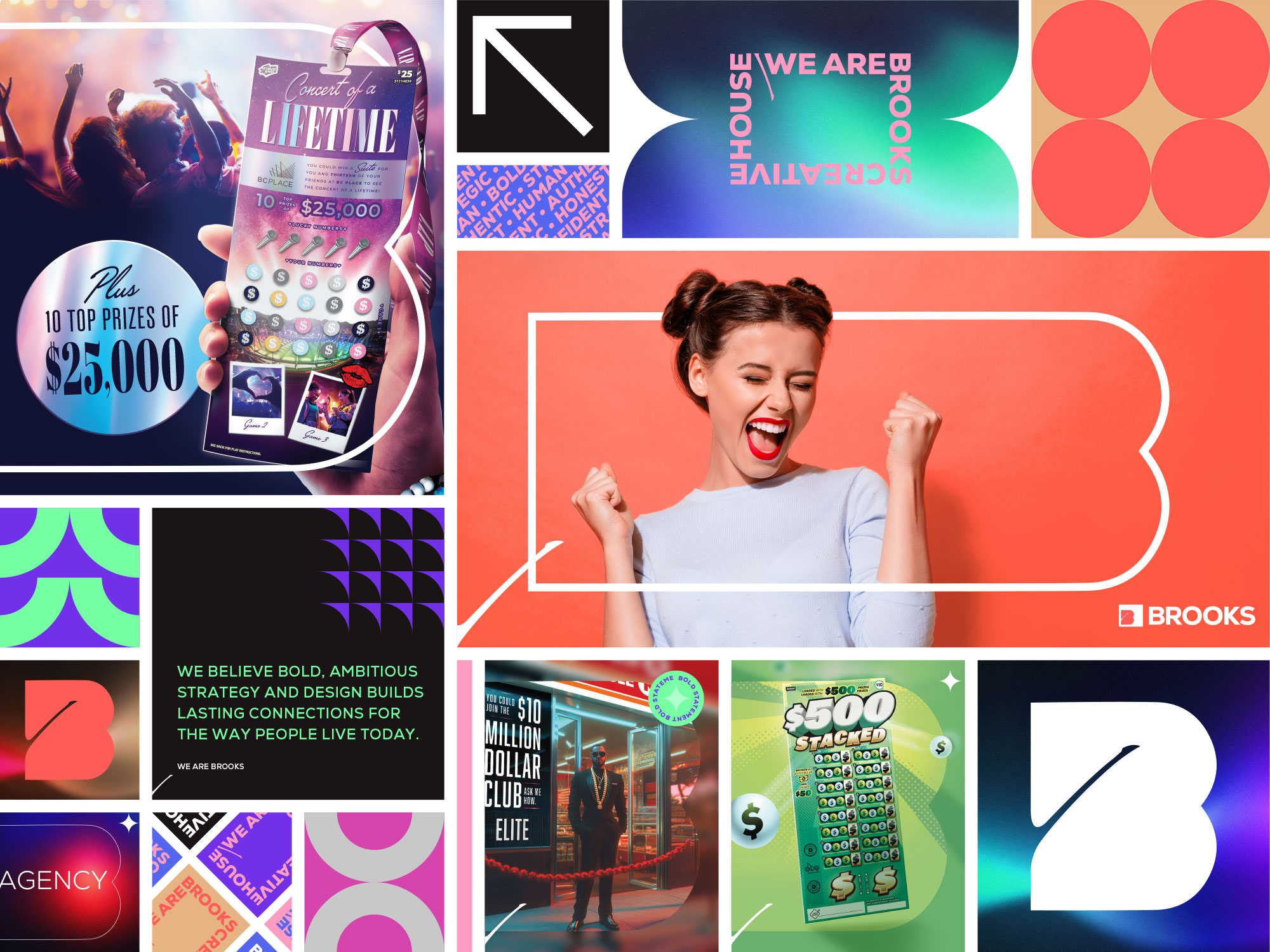 Brooks Creative House campaign collage including Concert of a Lifetime lottery creative, brand patterns, and retail environmental work